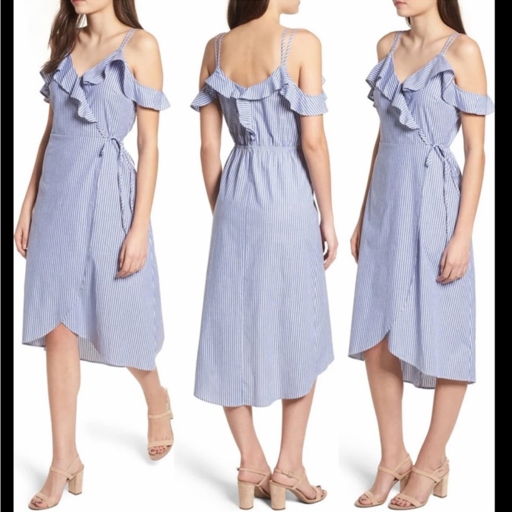 BP Striped Faux Wrap Ruffle Cold Shoulder Dress Coastal Classic Coastal Preppy